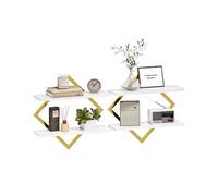 CHOEZON Étagère flottantes, Lot de 2, Étagères murales à 2 Niveaux, Rangements Suspendus avec Cadre métallique losangé, pour Salon, Chambre, Cuisine, Bureau, Blanc et Or DTBJ01P2JW
