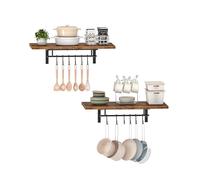CHOEZON Lot de 2, Étagère Murale pour Casseroles avec 12 Crochets, Support de Rangement pour Cuisine, pour Casseroles et Ustensiles, Étagère 60 x 36 cm, Marron Rustique et Noir DTPR26P2BF