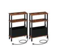 CHOEZON Lot de 2 tables d'appoint avec station de charge, table d'appoint étroite pour petits espaces, table de chevet fine avec panier, pour salon, chambre à coucher, marron rustique et noir