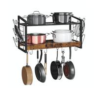 CHOEZON Support Mural pour Cuisine, Support pour Couvercles de Casseroles à 2 Niveaux, Organisateur pour Poêles, 12 Crochets, pour Casseroles, Vaisselle, Ustensile, Marron Rustique et Noir DTPR02BF