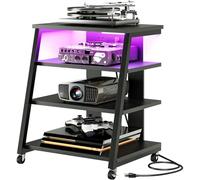 CHOEZON TCJ60UDBB Support multimédia AV à 4 niveaux avec roues, supports stéréo, étagère de console multimédia avec multiprises, lumières LED, tour en bois pour tourne-disques/Apple TV/PS4, noir