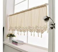 Choicehot Rideau de fenêtre en coton et lin - Demi-rideau de style rustique rétro avec pompons faits à la main au crochet pour cuisine, café 45 x 150 cm
