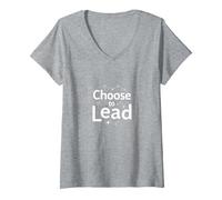 Choisissez de diriger : thème de réseau de Motivation inspirant T-Shirt avec Col en V, Femme, Gris Chiné, S
