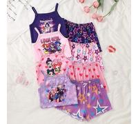 [Choix aléatoire de 1 des 4 sets] Ensemble de pyjama camisole pour filles, style de bandes dessinées douces, schéma de couleurs violet et rose, imprimé avec des motifs d'étoiles et de cœurs de filles 