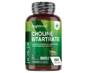 Choline Bitartrate - selon l'EFSA, la Choline Contribue au Maintien d'une Fonction Hépatique Normale - sans OGM, 714mg par Portion, 180 Gélules Vegan pour Approvisionnement de 3 Mois - WeightWorld
