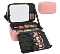 Chomeiu Grande trousse de maquillage avec miroir LED pour femme, boîte de rangement pour artistes de maquillage avec miroir lumineux, 3 lumières colorées, séparateurs réglables (rose)