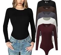 Chongbaijia Lot de 5 bodies à manches longues pour femme, col rond, décontracté, extensible, basique, 5 pièces : noir/blanc/café/rouge/gris, Medium