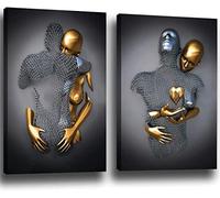 chongjian Amour Cœur 3D Gris Toile Art mural Peinture moderne 3D Abstrait câlin Décoration murale Noir et blanc Figurine en métal Sculpture Effet Image Décoration de salon Sans cadre (doré, 40 x 61