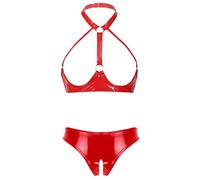 Choomomo Ensemble Femme Coquine Soutien-Gorge Sein Nu & Sexy String Fendu Noir Dentelle String Brésilien Ouvert Floral Nuisette Lingerie Coquine S-4XL Rouge H L