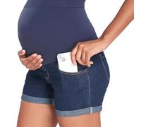 Choomomo Grossesse Shorts Bermuda Shorts Denim pour Motards Short Culotte Élastique Boutonné Au Dessus du Ventre Au Dessus La Bosse Voyager Bleu foncé B XL