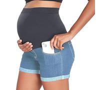 Choomomo Grossesse Shorts Bermuda Shorts Denim pour Motards Short Culotte Élastique Boutonné Au Dessus du Ventre Au Dessus La Bosse Voyager Bleu Clair L