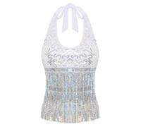 Choomomo Haut Danse Orientale Femme Soutien-Gorge Danse Orientale Paillettes à Franges Débardeur Crop Top Danse de Ventre Classique Costume Carnaval Halloween Mascarade Argenté Taille Unique