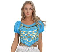 Choomomo Haut de Danse du Ventre Ethnique pour Femme Tank Top Camisole Danse Orientale Belly à Paillettes Brassière Cosplay Princesse Indien Arabe Gilet Vest Dancewear A Bleu Ciel Taille Unique