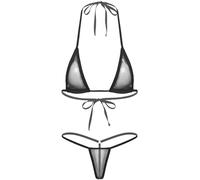 Choomomo Micro Bikini Set Femme Sexy Maillot de Bain 2 Pièce Soutien-Gorge Paillette et String Ouvert Monokini Tankini Transparent Sexuel Couleur Unie Swimwear Noir Taille Unique