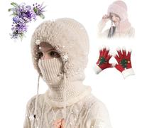 Choosemuc Women's Outdoors Windproof Scarf Hat, 3 in 1 Beanie Hat for Women, One Piece Fleece Lined Knit Beanie Hat Mask Set, for Cycling Skiing Cold Weather (Beige)