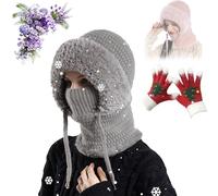 Choosemuc Women's Outdoors Windproof Scarf Hat, 3 in 1 Beanie Hat for Women, One Piece Fleece Lined Knit Beanie Hat Mask Set, for Cycling Skiing Cold Weather (Gray)
