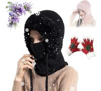 Choosemuc Women's Outdoors Windproof Scarf Hat, 3 in 1 Beanie Hat for Women, One Piece Fleece Lined Knit Beanie Hat Mask Set, for Cycling Skiing Cold Weather (Black)