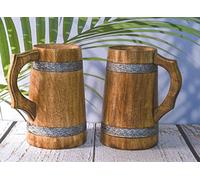 Chope à bière indienne pour lui - Style viking - 20 oz - Chope à bière en bois dur naturel - Cadeau de mariage et d'anniversaire pour lui (Lot de 2 chopes à bière en bois de manguier sans gravure)
