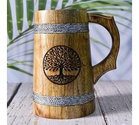 Chope à bière indienne pour lui - Style viking - 650 ml - Chope à bière en bois dur naturel - Mariage, cadeau d'anniversaire (gravure des deux côtés de la chope à bière en bois de manguier)