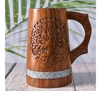 Chope à Bière Indienne Style Viking - 20 OZ en Bois Dur Naturel - Cadeau de Mariage pour Lui - Gravure Recto-Verso en Bois de Sheesham