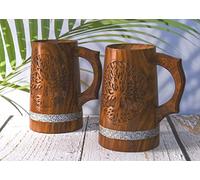 Chope à Bière Indienne Style Viking - 590 ml - Bois Dur Naturel - Cadeau de Mariage et d'Anniversaire pour Lui - Lot de 2 Tasses en Bois de Sheesham Avec Gravure