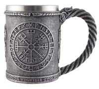 Chope viking boussole Vegvisir, fabriquée en pierre artificielle et peinte par la main d'artiste, avec un insert en acier inoxydable de 600 ml