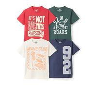 chopper club Lot de 4 t-shirts imprimés en coton pour garçon, Bleu marine/vert chiné/rouge chiné/éco, 9-10 ans