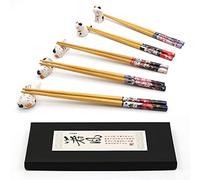 Chopsticks and Chopstick Rest Set, Cute Lucky Cat Chopsticks Holder 5 Cats, Classic Japanese Style Bamboo Natural Reusable Chopsticks, Dishwasher - Safe, Chopsticks Holder Gift Set 5 Pairs (Wooden)