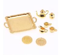 Chosertory 8 èces Service à Thé en Alliage Plateau Décoré Accessoire Scène Cuisine Miniature Créatif pr Jeu D'imagination, Or