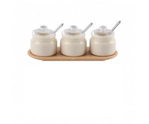 Chosertory Miniature Bocaux Pots Plateau Pot à Épices Cuillères Couvercles Dômes avec Étiquettes à Coller en Plastique Convient aux Maquettes Vitrines Scènes, Nouveau Pot À Épices, Blanc Vintage