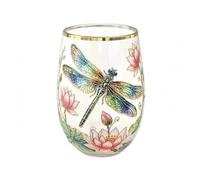 Chosertory Verre à Boire en Acrylique Gravure Florale Imprimée Dessus Structure Arrondie sans Pied Finition Transparente et Liseré Doré Adapté au Quotidien et, Transparent, Libellule
