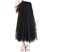 CHOUBAGUAI 3 Couches Midi Été Tulle Jupe Femmes Dames Casual Blanc Noir Taille Haute Plissée Soleil École Jupe Longue Femme-Noir, Long 98CM
