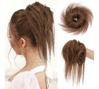 Chouchou 100 % humain désordonné - Postiche avec bande élastique pour queue de cheval/mariage - Extensions bouclées teintables - Blond miel fraise - 29 g