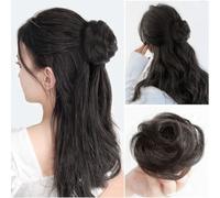 Chouchous ondulés et bouclés à clipser avec pince pour chignon désordonné, postiche pour femme (cheveux humains châtain clair)