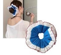 Chouchous surdimensionnés en dentelle double couche faits à la main - Grands élastiques à cheveux pour queues de cheval basses et tresses (bleu)
