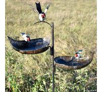 CHOUETTE AND CO-Tuteur métal 2 mangeoires cœurs et 3 oiseaux peint main