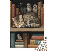 Chouette and Tabby Chat are Sleeping on The Bookshelf 70x50cm/1000pcs Puzzle pour Adultes -,Jouet De DIY