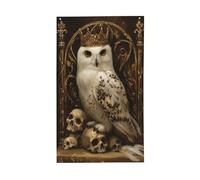 Chouette blanche portant des crânes de couronne, drapeaux de cour, maison, bannière de vœux de saison avec œillets, décoration d'intérieur et d'extérieur