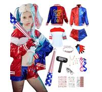 ChouGlow Déguisement Harle Squad Costume,Déguisement Quin Costume Fille Avec Gants Veste T-Shirt Short Gant Cosplay Robe Costumes pour Carnaval Halloween Noël Clown Cosplay (Femme, S)