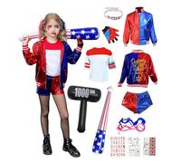 ChouGlow Déguisement Harle Squad Costume,Déguisement Quin Costume Fille Avec Gants Veste T-Shirt Short Gant Cosplay Robe Costumes pour Carnaval Halloween Noël Clown Cosplay (Fille, 130)
