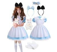 ChouGlow Robe de princesse pour fille - Costume d'Alice au pays des merveilles - Bleu - Ensemble de 7 pièces pour déguisement, carnaval, Noël, Halloween, anniversaire (140)