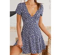 CHOUX Femme Robe Été V-Neck Taille Haute Robe Courte pour Fête Vacances Décontractée Lady Slim Fit Mini Robe Évasée A-Line Fleurs/Points-Fleurs Bleues,S