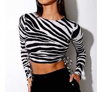 CHOUX Mode Femmes Zebra-Stripe Top Stylish Long Sleeve Side Drawstring Crop Tops Automne Nouveau Col Rond Pullover Tops T-Shirt Lady-Black,S