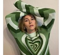 CHOUX Pull Vert Coeur Rayé Pull Col Roulé Doux Pulls Tricoté Crop Top Manches Longues Harajuku Tricots-Vert,XL