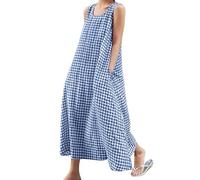 Chouyatou Robe longue décontractée à coupe ample en coton et lin à carreaux pour femme avec poches, Bleu foncé, L