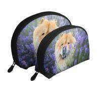 Chow-Chow Chiens Bruns Doux et Moelleux Violet Sauvage, Trousse de Maquillage Coquille Femme Petit Porte-Monnaie Trousse de Toilette Trousse à cosmétiques 2 pièces