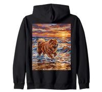 Chow Frolicking at The Beach Sunset Dog Illustration Sweat à Capuche