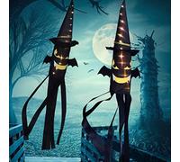 Chrees Décorations Lumineuses Suspendues d'halloween, Chauve-Souris Citrouille Squelette Brillant avec Lanière pour Fête D'avant-Toit D'arbres de Patio de Jardin (【Bat】 lumière Blanche Chaude)