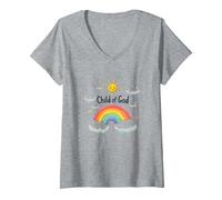 Chrétiens de l'enfant de Dieu pour Enfants Rainbow Sunshine Clouds T-Shirt avec Col en V, Femme, Gris Chiné, S