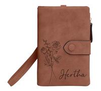 Chrifansi Portefeuille de personnalisé en Cuir Compact avec Porte-Cartes avec Poche zippée - Cadeaux personnalisés pour Femmes et Filles - Nom et Mois de Naissance des Fleurs, Marron Clair,